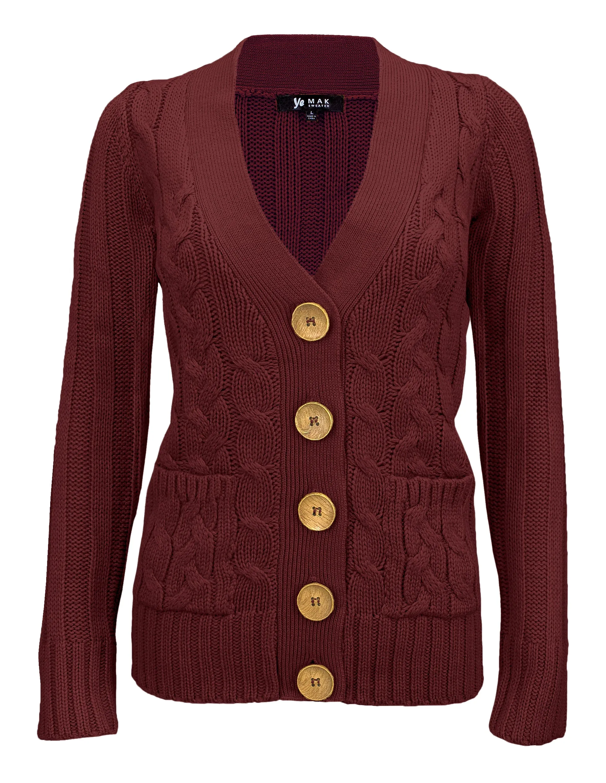 Women's Casual Long Sleeve Button Down Cable Knit Cardigan Sweater with Two Pockets HB3134