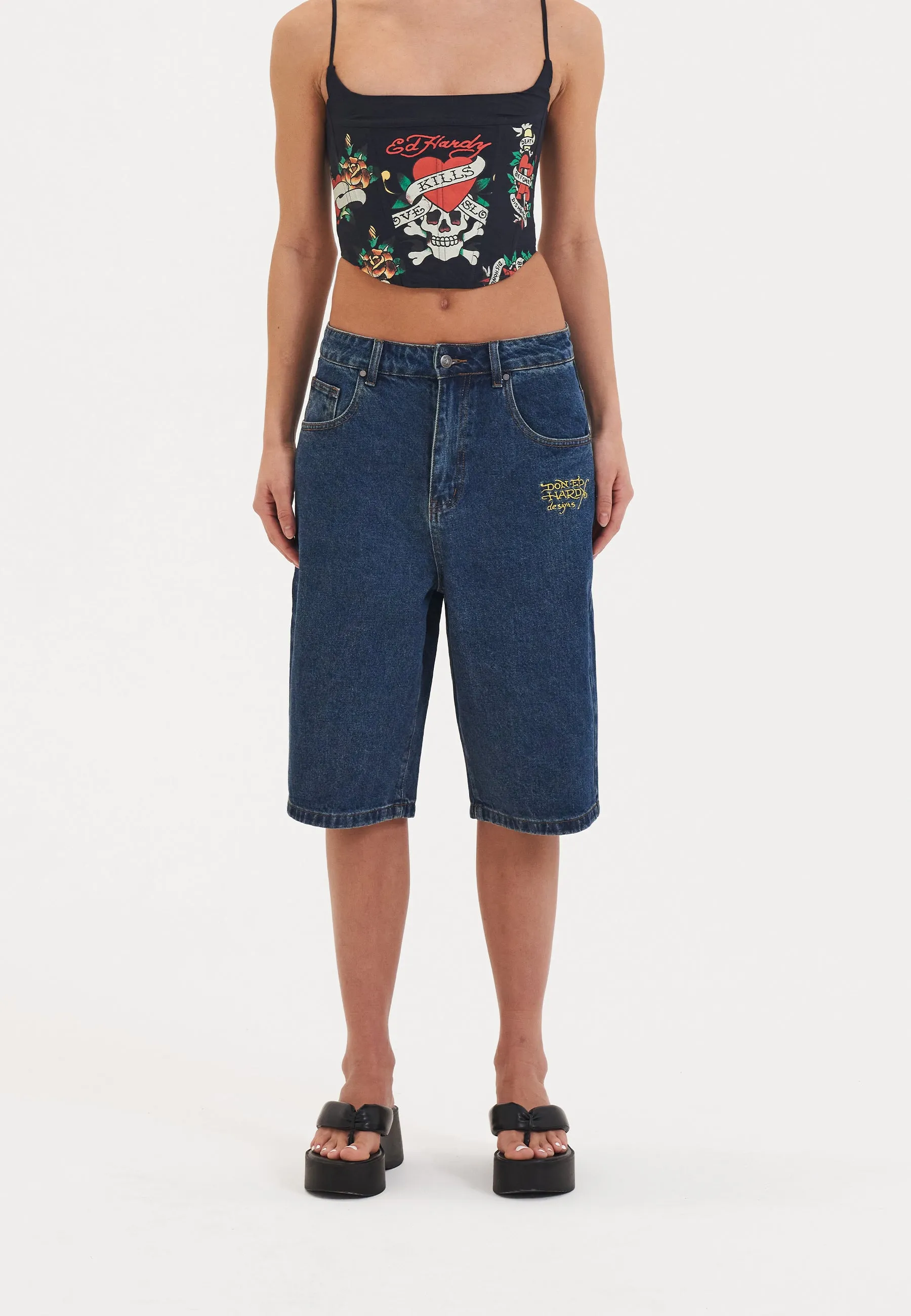 Womens Dragon Crawl Relaxed Denim Jorts Shorts - Indigo