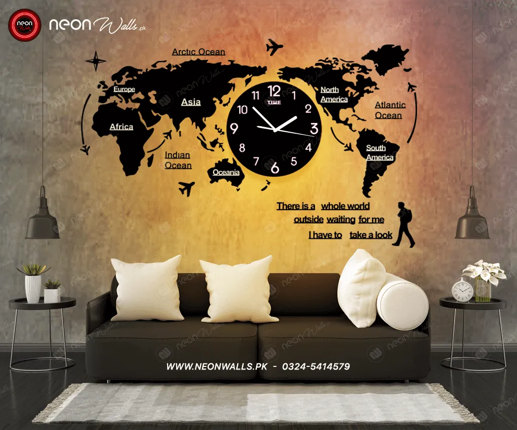 World Map Wall Clock with Rope Light(Large)