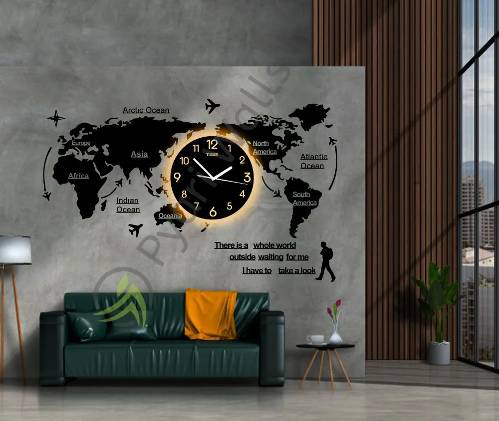 World Map Wall Clock with Rope Light(Large)